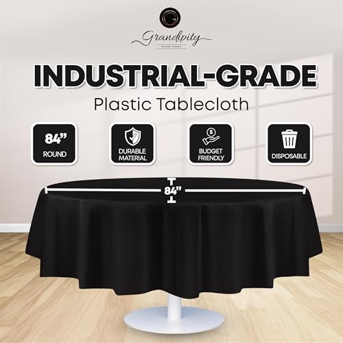 Image of Grandipty Plastic Table Cloth Disposable 12 Pack 84 inch Round Black | Plastic table covers, durable disposable tablecloths, fade and tear-resistent table cover for party, event