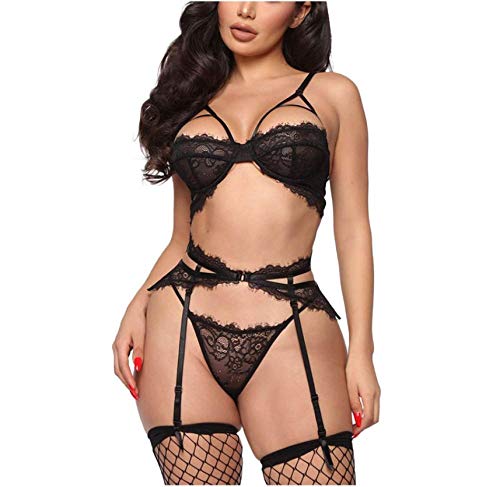 Lingerie érotique pour femme avec soutien-gorge transparent, string et jarretière sexy