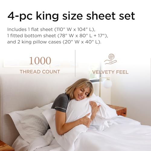 Threadmill 100% American Supima Cotton Sheets King Size - 1000 Thread Count, 4Pc King Size Sheets Set, Smooth Sateen King Sheets, Ultra Luxury Bed Sheets, 17" Deep Pocket King Sheet Set - White Sheets