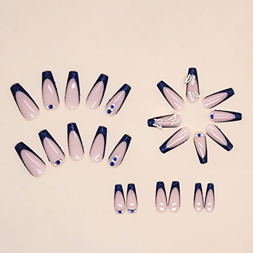 Imsohot IMCRJ852 Long Press On Nails Coffin French Tip Fake Nails Blue Butterfly Rhinestone False Nails thumb #2