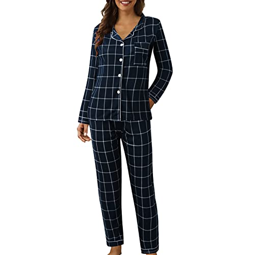 Generisch 2026 - Mujeres Casual Botón Estampado Plaid De Dos Piezas Manga Larga Pijama Traje De Maternidad Pijama, Q, XL