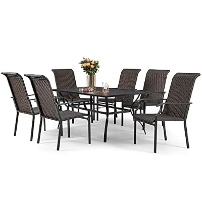 Sophia & William Patio Dining Set 7 Piece Wicker Outdoor Table and Chairs Furniture Set, 6 High-Back Rattan Chairs and 1 Metal Rectangular Dining Table with Umbrella Hole