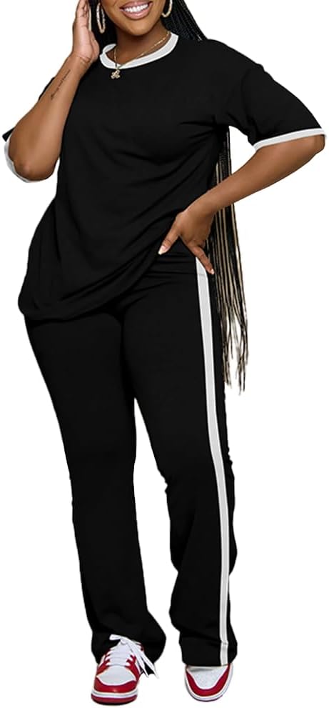 PINSV 2 Piece Sets for Women Summer Casual Short Sleeve Top and Flare Pants Lounge Sets - Image 5