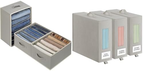 3 Pcs Large Size Wardrobe Clothes Organizers & 3 Pcs Bed Sheet Organizers and Storage for Linen Closet with Handle, Grey, Foldable
