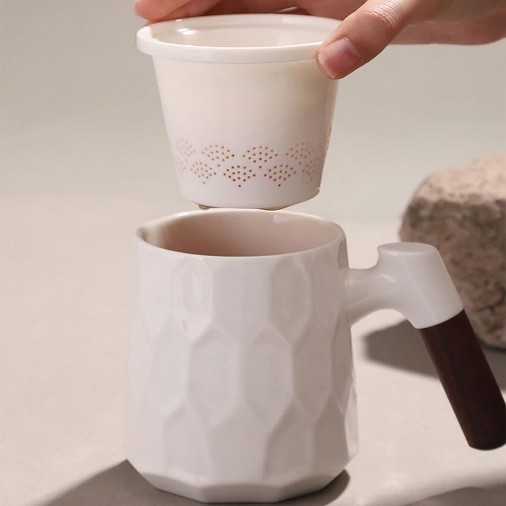 HSQMA Taza De Té De Mango De Madera Taza De Té De Cerámica Grande Estilo Chino con Infusor Y Tapa,Taza De Infusor De Porcelana Fina For El Regalo De La Vida Laboral, El Día De Las Madres