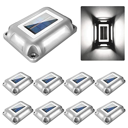 CREPOW Solar Deck Lights Driveway Dock Lights- 8 Packs Waterproof 1200mAh Solar Powered Outdoor LED Aluminum Dock Lighting Road Markers Step Light for Driveway Sidewalk Garden Pathway Yard (White)