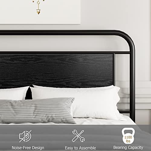Homhougo Queen Size Bed Frame With Wooden Headboard, High Duty Metal Platform Bed With Under-Bed Storage, Steel Slats Mattress Foundation Round Pipe Design, No Box Spring Needed, Noise-Free, Black #TOP3