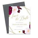 Modern Pink Paper Floral Save the Date, Burgundy Save the Date Cards for Weddings, Anniversary, Birthday Party, Elegant Save the Date Wedding, Your choice of Quantity and Envelope Color