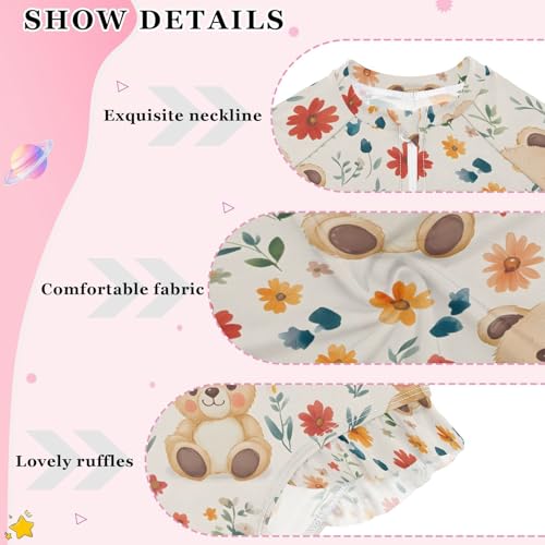 ALAZA Cartoon Bear Flower Blossom Girls One Piece Swimsuit Long Sleeve Rash Guard Swimsuits UV 50+ Swimwear Zipper4