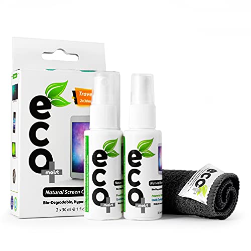 Kit de voyage avec nettoyant naturel Ecomoist pour écran - 2 sprays de nettoyant pour écran 30 ml et 1 chiffons en microfibre