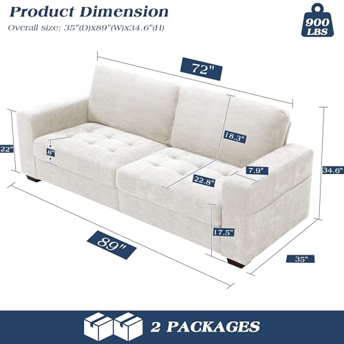 Image of WorthFurni Sofas for Living Room, Chenille Loveseat Couch Set, Small Modern Sofa, USB Charging, Removable Sofa Cover,Solid Wood Frame, Easy to Install(89inch,White)