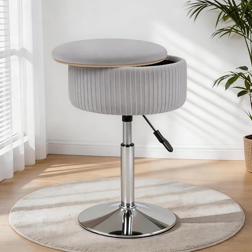 LITZFUR Adjustable Vanity Stool with Storage, 360° Swivel Vanity Chair, Velvet Small Round Ottoman Footrest for Bathroom, Makeup Room, Grey