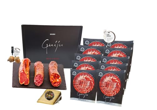 LOTE IBÉRICO 10 platos a cuchillo de jamón ibérico de cebo Y MEDIO LOMO IBÉRICO DE BELLOTA 100% + CHORIZO Y SALCHICHÓN IBÉRICO DE BELLOTA -REGALO QUESO-MARCA GUIJU-CESTA REGALO NAVIDAD.