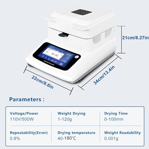 Halogen Moisture Analyzer, Moisture Readability 0.01% Accuracy 0.001g x 120g Capacity with Touch Screen Test with RS232 Interface for Agriculture Medicine, Lab Moisture Analyzer Meter