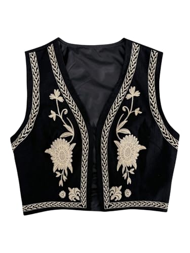 GORGLITTER Damen Ärmellose Weste mit Stickerei Kurze Weste Tops Vintage Jacke Westen Ärmellose Jacke Leicht Cardigan Schwarz XL
