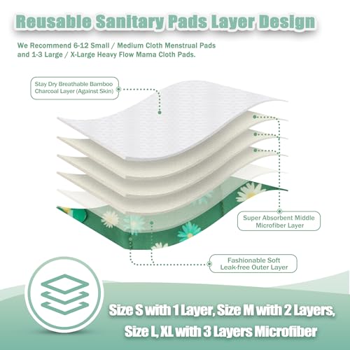 Image of Wegreeco Cloth Menstrual Pads - Soft Washable Pads for Women - Reusable Panty Liners for Women - 6 Pack with 1 Cloth Mini Wet Bag (Large, Chrysanthemums)