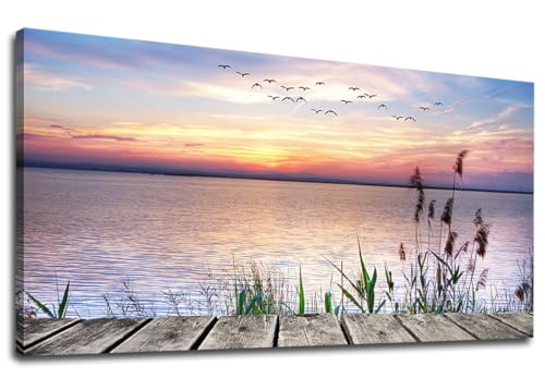 yearainn Sunset Lake Wall Art, Dock Reed Grass Flying Birds, 29" x 58"