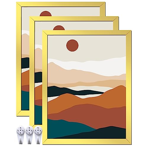 Gold 17x22 Picture Frame Set of 3, High Transparent Frame for 17 By 22 Photo Collage Canvas Poster Size Wall Mount and Tabletop Horizontally Vertically (Gold, 17 x 22 inches)