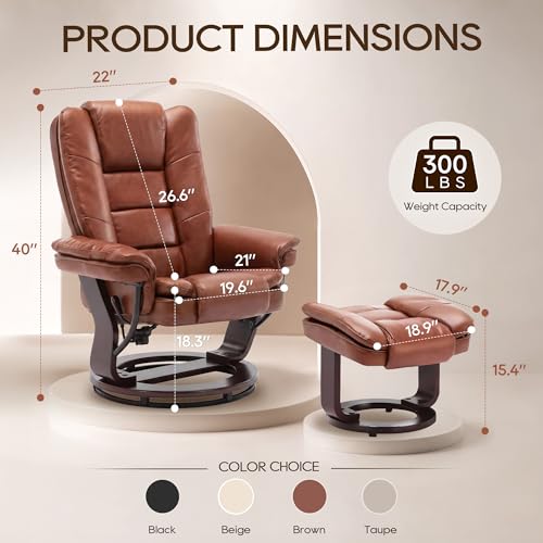 Image of Swivel Recliner Chair with Ottoman Reclining Lounge Sofa Footrest, Set of 2 | 360Sturdy Wood Base, Soft PU Leather, Upholstered Ultra-Plush Foam, Modern Armchair, Living Room Bedroom Office Reading Home