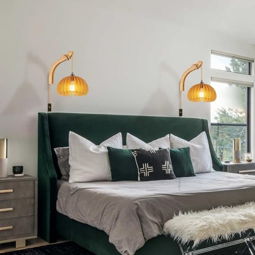 Image of Wood Lantern Plug in Wall Sconces, Wicker Brackets Wall Lamp with Plug in Cord Hand Woven Rattan Bedside Reading Light, Wooden Globe Pumpkin Shade Hemp Rope Hanging Lamp for Living Room Bedroom