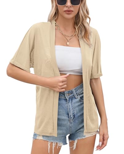 Image of Iandroiy Women's Lightweight Open Front Cardigans Casual Short Sleeve Blouse Tops