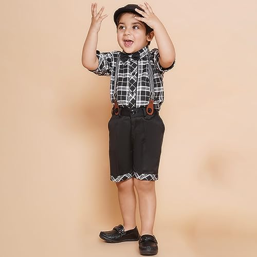 Image of AJ DEZINES Kids Cotton Blend Half Sleeve Shirt Shorts Suspender Cap Bow Tie Set For Boys