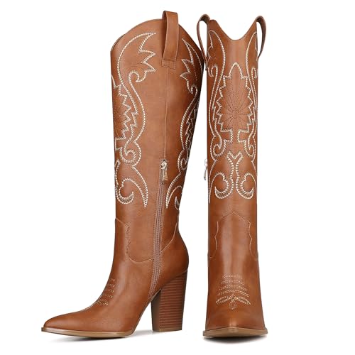 Image of VOMIRA Knee High Cowboy Boots for Women Pointed Toe Chunky High Heels Pull-on Embroidered Boots Western Boots Wide Calf Cowgirl Boots