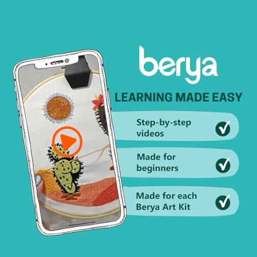 Image of BERYA Funny Cactus Embroidery Kit with Embroidery Hoop, Easy Embroidery Kit for Beginners, Include Instructions, Display Stand, Printed Cloth, Threads and Tools - with Video Tutorials (BEC003)