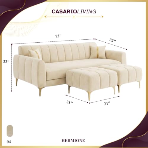 Image of Hermione 5 Seater L Shape Sofa Set with 2 Movable Ottoman | Flexible Left or Right Layout | Luxe Velvet Suede Fabric | Comfortable Seating | Modern Sofa for Living Room - Cream