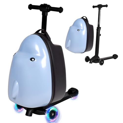 smilesun 4-in-1 Detachable Scooter Suitcase for Kids & Teens 3D Owl/Dolphin Hardside Ride-On Luggage Lightweight Foldable Design Unique Travel Gift for Children (Cute Dolphin 22-inch)