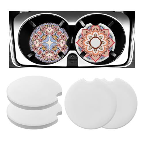 Sun Walker 4PCS Sublimation Blanks Car Coasters, 2.6" Absorbent Cupholders Coaster with Finger Notch for Easy Removal, Auto Heat Transfer Ceramic Blank Drink Mat for DIY Craft Painting