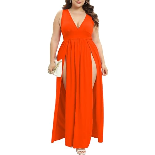 Image of SILUI Women's Summer 2026 Sexy Double High Slit Deep V Neck Plus Size Sundresses Thigh Split Maxi Club Party Dresses