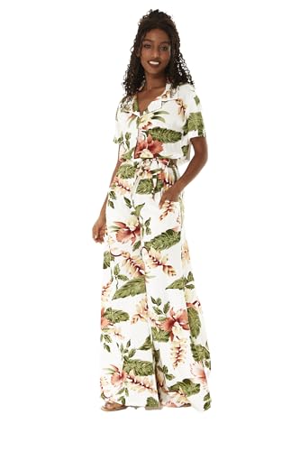 Matchable Couple Hawaiian Luau Shirt or Wide Legged with Pockets Jumpsuit in Rafelsia Cream2
