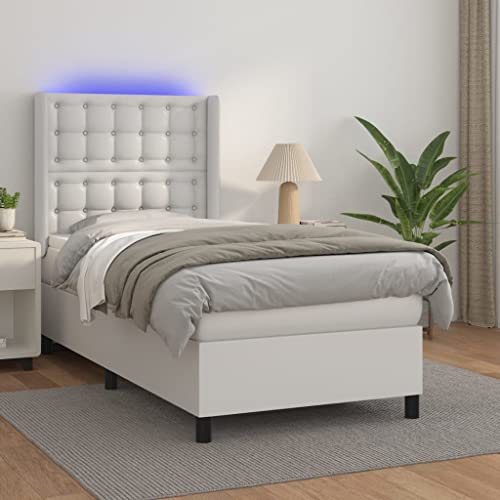 SKTQYQO Somier con colchón y LED blanco, estructura de cama multiusos, apto para hoteles y estudios, 90 x 190 cm, piel sintética