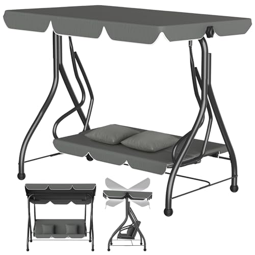 WoRaum Balancelle de Jardin 3 Places avec Fonction Allongée et Toit–Grande Balançoire Extérieure(184x120cm)en Toile Résistante aux Intempéries,Coussin...