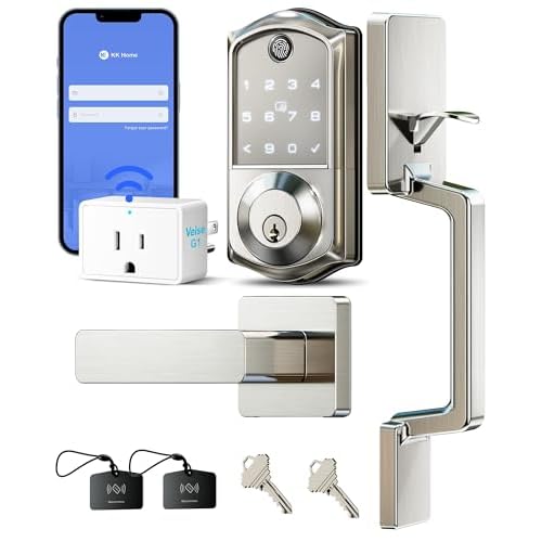 Veise VE017-D Wi-Fi Fingerprint Smart Front Door Lock Set, App Control, 7-in-1 Keyless Entry Deadbolt with Lever Handle, Emergency Power Port, Auto Lock, Touchscreen Keypad, Easy Install, Sa