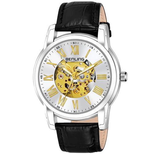 Image of Benling Skeleton Analog Automatic Watch for Men, Mechanical Movement, Leather Strap, Formal Casual Party Official Purpose