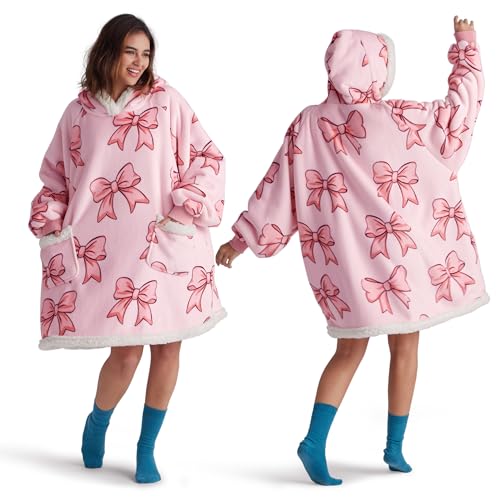 Bedsure Wearable Blanket Hoodie, Sherpa Hooded Blanket Printed for Adult & Kids as Gifts for Women, Mom Gifts Sherpa Hoodie, Standard, Bow, Peach Pink