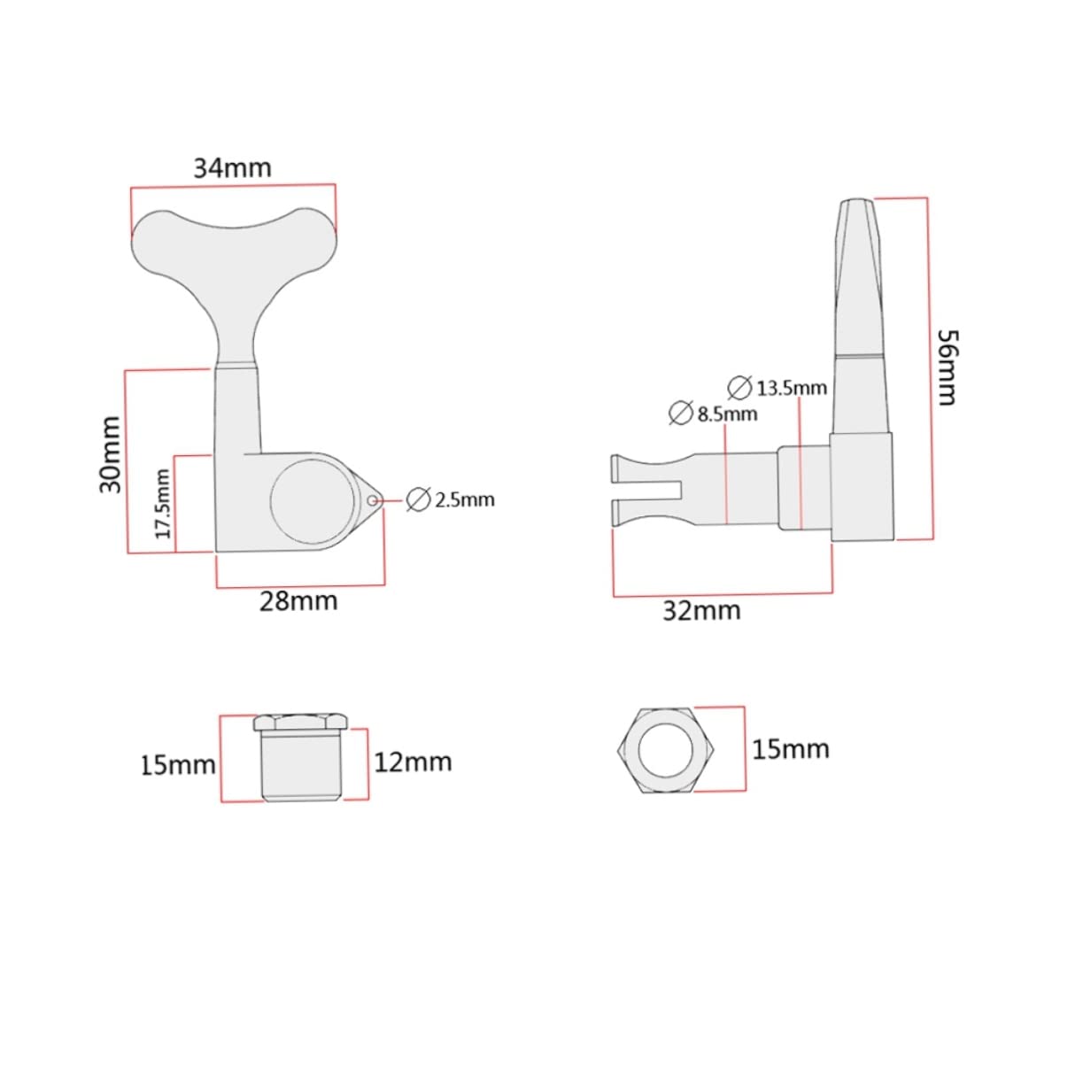 OFFSCH Bass Tuning Key Set Locking Guitar Tuners Tuning Pegs with 2l2r Mounting Screws for 4 String Bass Guitar (sealed Half Round)