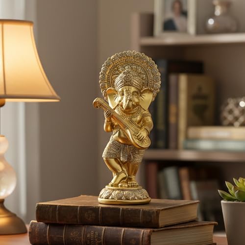Estatua dorada de Ganesha con veena de resina miniatura 7
