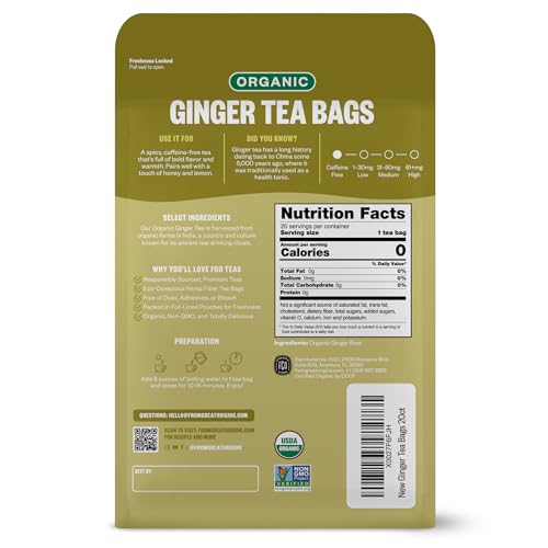 Image of FGO Organic Ginger Tea, 20 Count, Eco-Conscious Tea Bags, Resealable Bag, Packaging May Vary (Pack of 1)