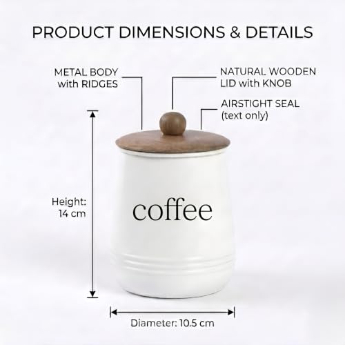 Image of Stylish Airtight Container for Kitchen, Coffee Storage, White, Metal with Wooden Lid & Spoon, 1000ml, Canister for Kitchen Counter top | Food-Safe Jar Set (Coffee)