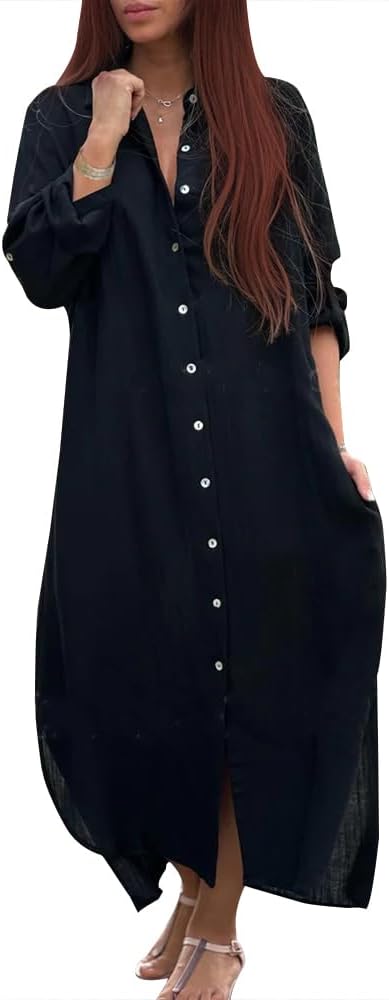 LOAIHA Womens Plus Size Casual Button Down Front Cotton Linen Long Sleeve Maxi Dress Beach Shirt Dresses for Women