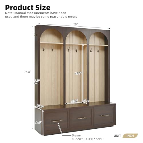 Image of Ball & Cast Farmhouse Hall Tree with Bench, 59 inch Entryway Storage Bench with Arched Design, 8 Metal Hooks, 3 Drawers Shoe Organizer, Wooden Style Coat Rack for Living Room, Dark Walnut