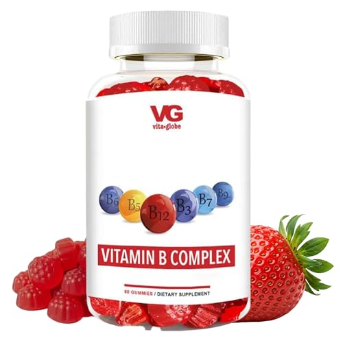 VITA GLOBE B Complex Gummy Vitamins – Strawberry Flavor with Vitamin C, Niacin, B6, B12 & Biotin | Daily Supplement for Energy, Metabolism & Cognitive Support | 60 Gummies (Pack of 1)