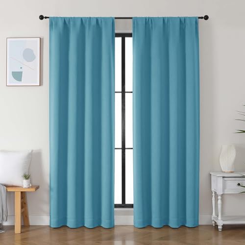 Image of Simplebrand Ava Turquoise Blackout Curtains for Bedroom 84 Inch Length 2 Panels Set, Solid Thermal Insulated Privacy Nursery Window Treatment Curtains Blackout Drapes, W40 x L84 Inch, Turquoise