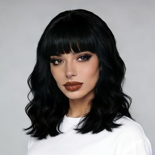 COOINEADER Black Wigs for Black Women Soft Short Bob Style Wigs with Bangs for Women Synthetic Shoulder Length Women's Curly Wigs for Cosplay Halloween Costumes Daily
