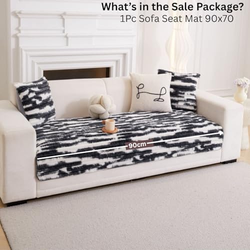 Image of HOMETHREADS 600GSM Thick & Soft Rabbit Fur Plush Sofa Cover-Luxurious Cozy Slipcover, Washable & Pet-Friendly, Anti-Scratch Protector for Sofas (Faux Linning White Black, 1 Seater Large| 90x70cm)