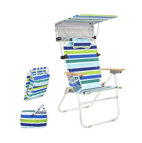 Heavy Duty Tall Beach Chair with Canopy Shade for Adults 17 High Off Ground 4-Position Reclining Insulated Cooler & Storage Pouch Bamboo-Finish Arms 300 lb Capacity
