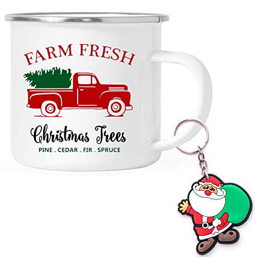 Funny Stainless Steel Enamel Camping Coffee Cup Camp Mug - PLUS Santa Claus Keychain - Farm Fresh Christmas Tree Red Truck - Christmas Holiday Gift -11 Oz Outdoors Metal Enamel Campfire Camp Fire Cup